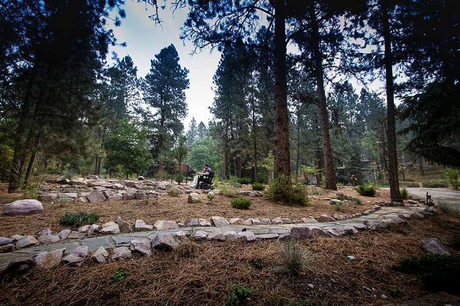 A man in a wheelchair travels through a forested yard along a curving, smooth, paving stone pathway lined with decorative rocks.